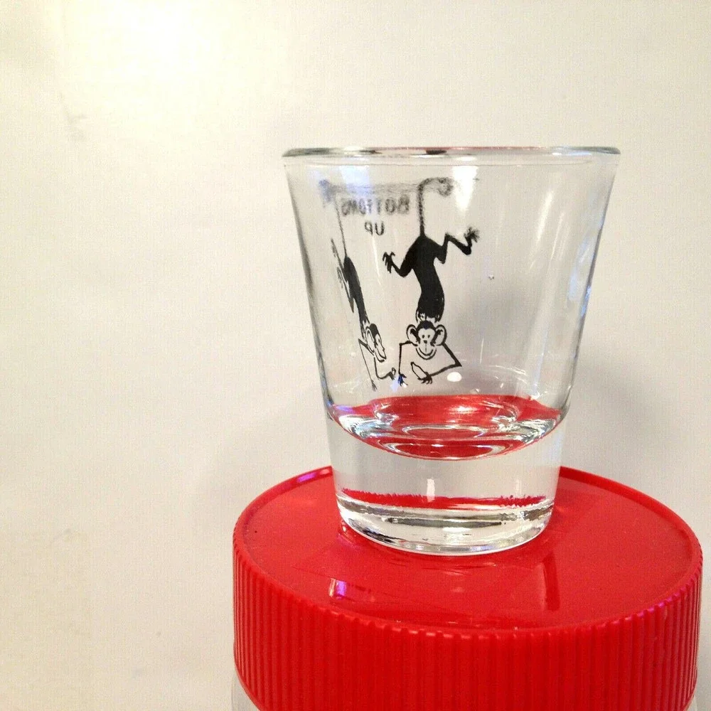 Vintage Collectable Bottoms Up Shot Glass Upside Down Monkeys Anchor Hocking